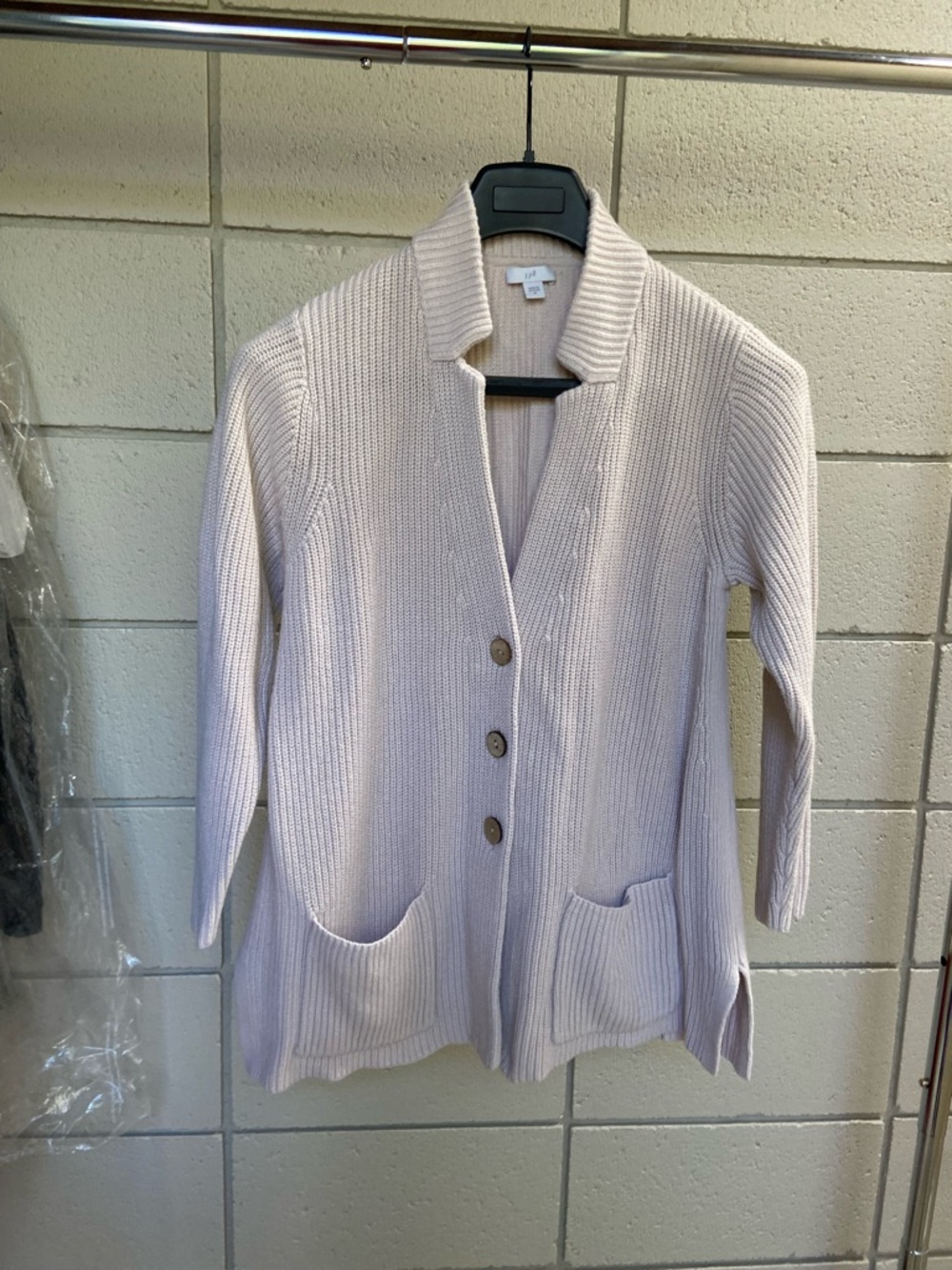 J. Jill Cream Ribbed Shawl-Collar Cardigan with Patch Pockets